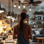 A photograph of a person examining track lighting options in a well-lit