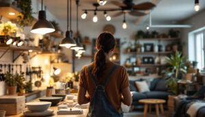 A photograph of a person examining track lighting options in a well-lit