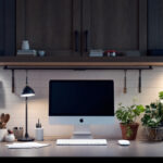 A photograph of a well-organized workspace featuring various under cabinet lighting options