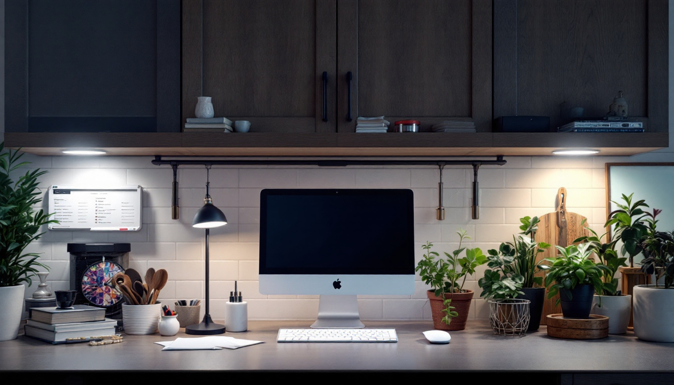 A photograph of a well-organized workspace featuring various under cabinet lighting options