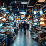 A photograph of a bustling local lighting store with rows of wafer lights on display