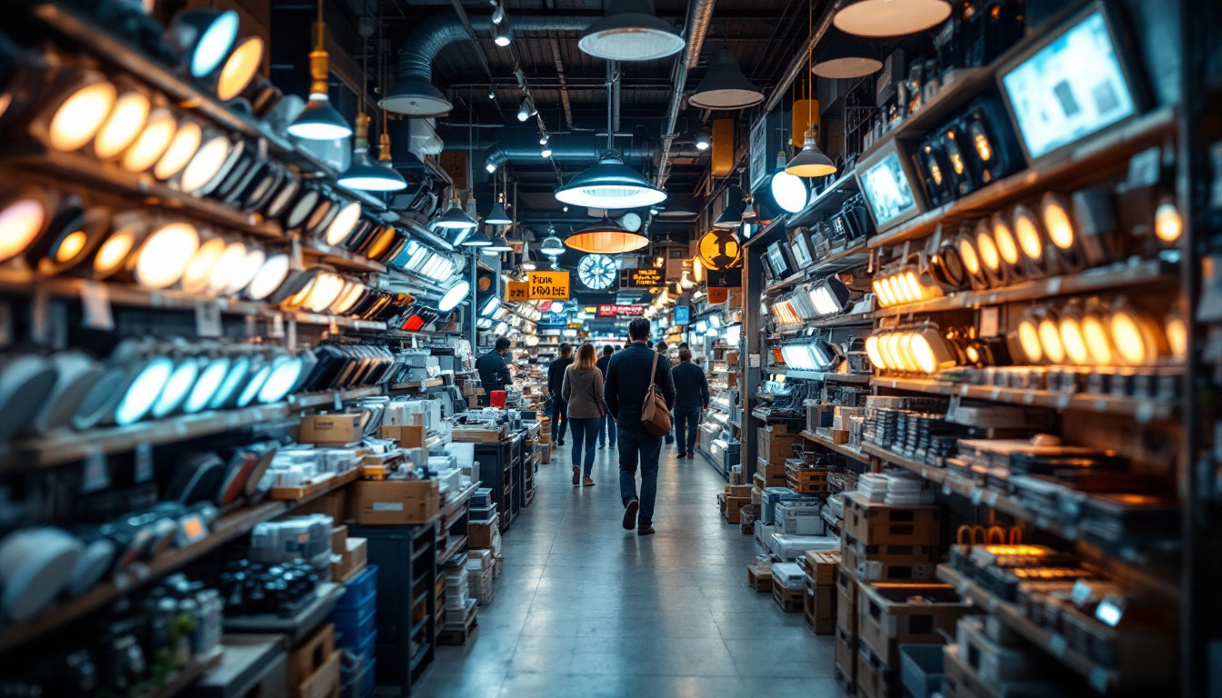 A photograph of a bustling local lighting store with rows of wafer lights on display