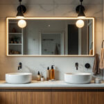 A photograph of a well-lit bathroom featuring stylish vanity lights