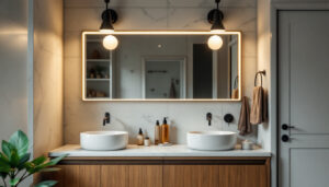 A photograph of a well-lit bathroom featuring stylish vanity lights