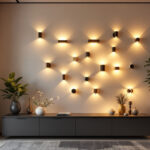 A photograph of a visually striking display of various wall sconces in a well-lit