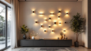 A photograph of a visually striking display of various wall sconces in a well-lit
