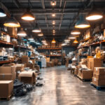 A photograph of a cluttered warehouse filled with various shop lights