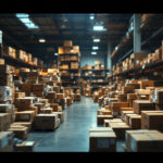 A photograph of a cluttered warehouse filled with boxes of led tape lights