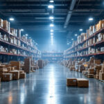 A photograph of a cluttered warehouse filled with boxes of led corn lights