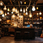 A photograph of a cluttered vintage lighting store with an array of colorful led bulbs on display