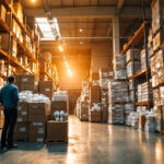 A photograph of a warehouse filled with stacks of metal halide lamps