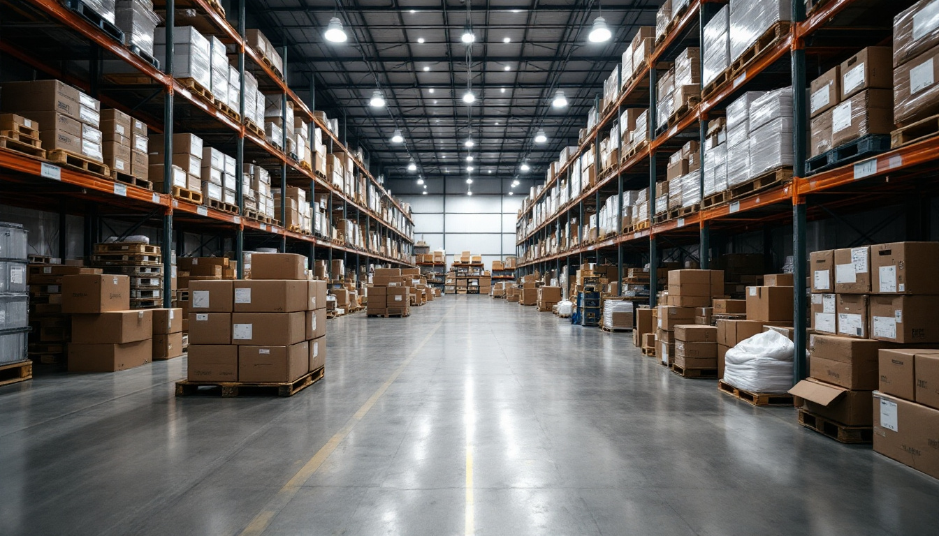 A photograph of a warehouse filled with high bay led retrofit kits