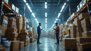 A photograph of a cluttered warehouse filled with led strip light retrofit kits