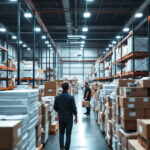 A photograph of a bustling warehouse filled with led troffer retrofit kits