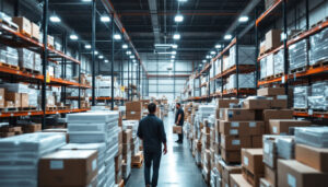 A photograph of a bustling warehouse filled with led troffer retrofit kits