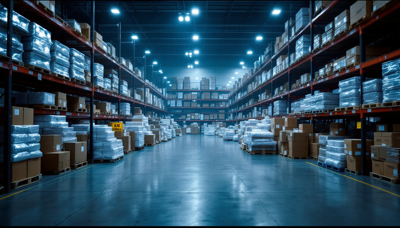 A photograph of a warehouse filled with led wall pack lights