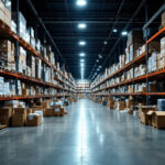 A photograph of a bustling warehouse filled with led street light retrofit kits