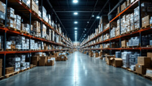 A photograph of a bustling warehouse filled with led street light retrofit kits