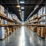 A photograph of a well-organized warehouse filled with led retrofit kits