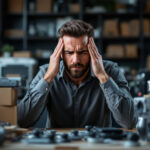 A photograph of a frustrated business owner surrounded by stacks of bluetooth control systems