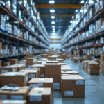 A photograph of a busy warehouse filled with boxes of ballasts and drivers
