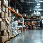 A photograph of a bustling warehouse filled with various electrical supplies and mounting kits