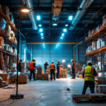 A photograph of a construction site illuminated by bright