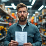 A photograph of a frustrated contractor standing in a cluttered local hardware store