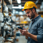 A photograph of a frustrated electrician standing in a cluttered local hardware store