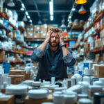 A photograph of a frustrated consumer surrounded by an overwhelming array of smart home devices in a cluttered local store