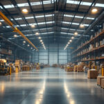 A photograph of a bustling warehouse or industrial setting showcasing a high bay area with various occupancy sensors installed