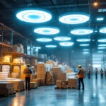 A photograph of a bustling warehouse or distribution center showcasing stacks of round ufo high bay lights