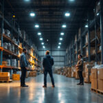 A photograph of a warehouse filled with high bay lights
