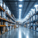A photograph of a warehouse filled with high bay lighting fixtures