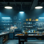 A photograph of a well-lit workshop or garage featuring a variety of led shop lights in use