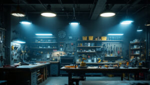 A photograph of a well-lit workshop or garage featuring a variety of led shop lights in use