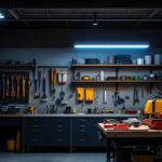 A photograph of a well-lit workshop or garage featuring a sleek led shop light illuminating the workspace