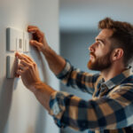 A photograph of a skilled lighting contractor installing or adjusting various types of light switches in a modern home setting