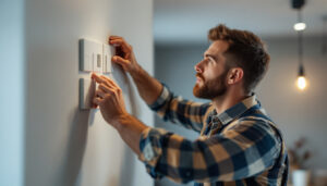 A photograph of a skilled lighting contractor installing or adjusting various types of light switches in a modern home setting