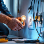 A photograph of a lighting contractor installing or inspecting various types of electrical receptacles in a residential or commercial setting