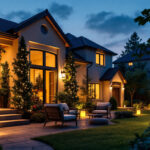 A photograph of a beautifully illuminated outdoor space featuring various styles of house lights