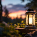 A photograph of a beautifully designed solar lantern illuminating a cozy outdoor setting at dusk