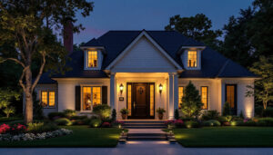A photograph of a beautifully illuminated exterior of a house at dusk