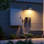 A photograph of a well-installed outdoor electrical box in a residential setting