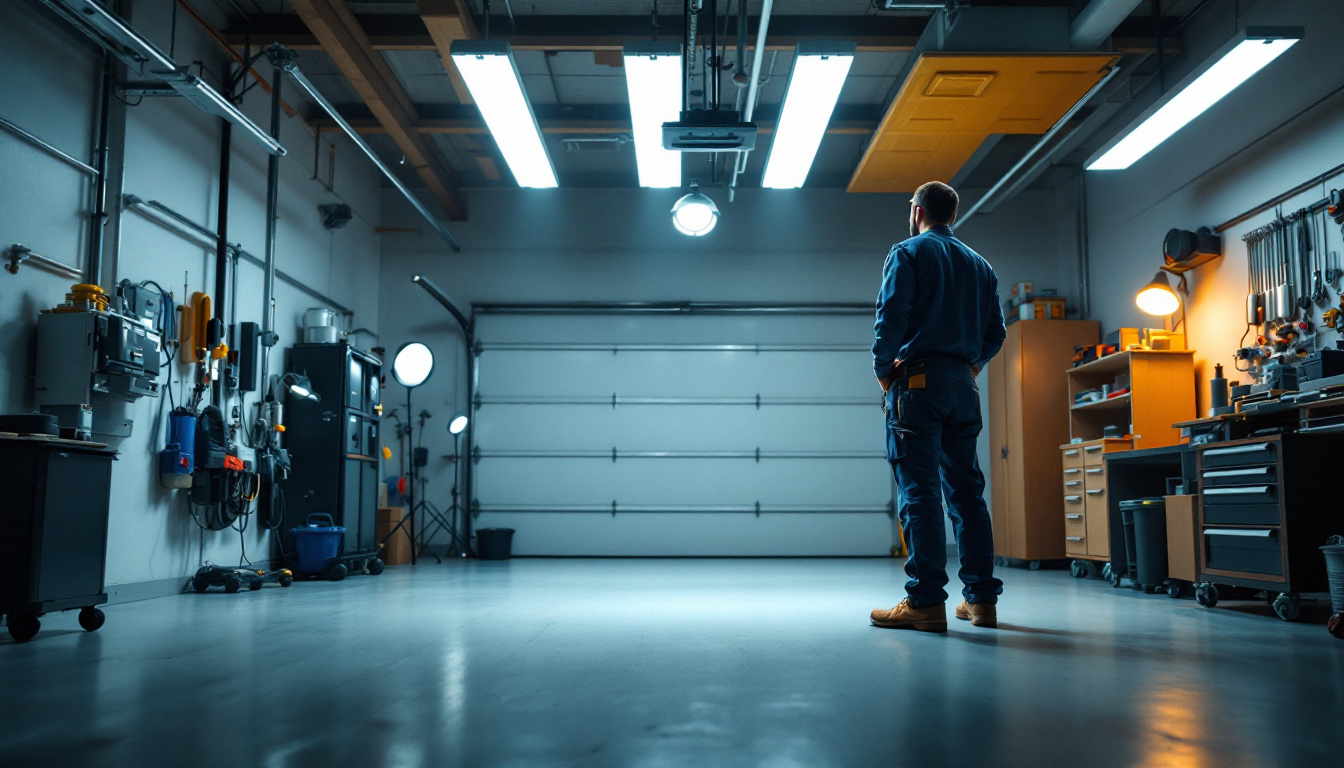 A photograph of a well-lit garage showcasing various led lighting installations