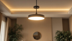 A photograph of a stylish and modern ceiling light fixture installed in a well-lit