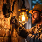 A photograph of a skilled lighting contractor working on an elegant gas light installation