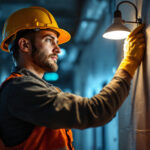 A photograph of a skilled lighting contractor installing or inspecting an emergency light in a commercial or industrial setting
