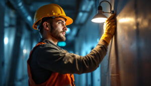 A photograph of a skilled lighting contractor installing or inspecting an emergency light in a commercial or industrial setting