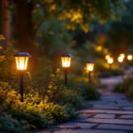 A photograph of a beautifully illuminated garden at dusk